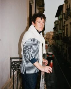 Navy And Ecru Stripe Knitted Jersey Cotton Long-Sleeve Polo Shirt -Drakes Shop 418690750009