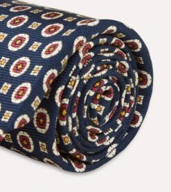 Navy And Red Geometric Medallion Print Silk Foulard Tie -Drakes Shop DR1AA1 22791 01 251 4