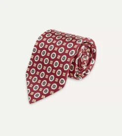 Red And Blue Geometric Medallion Print Silk Foulard Tie -Drakes Shop DR1AA1 22791 03 701 3