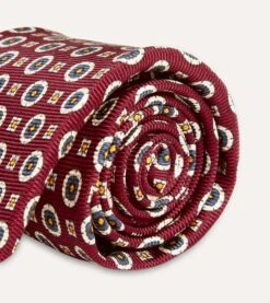 Red And Blue Geometric Medallion Print Silk Foulard Tie -Drakes Shop DR1AA1 22791 03 701 4