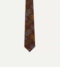 Brown Large Paisley Print Silk Self Tipped Tie -Drakes Shop DR1AA121004 06500 3