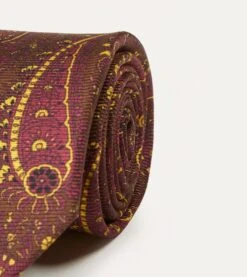 Brown, Red And Yellow Paisley Print Madder Twill Silk Tie -Drakes Shop DR1AA122790 02991 3