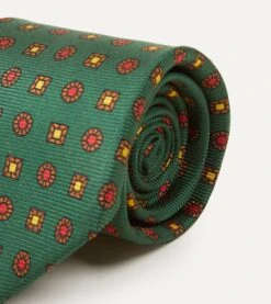 Green And Red Geometric Medallion Print Madder Twill Silk Tie -Drakes Shop DR1AA122794 02401 3