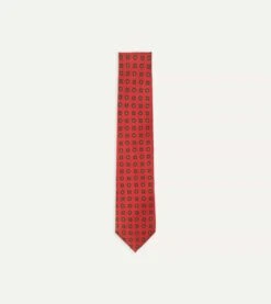 Red And Green Geometric Medallion Print Madder Twill Silk Tie
