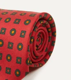 Red And Green Geometric Medallion Print Madder Twill Silk Tie -Drakes Shop DR1AA122794 03701 3