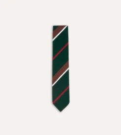 Green, Brown And White Stripe Shantung Silk Tie