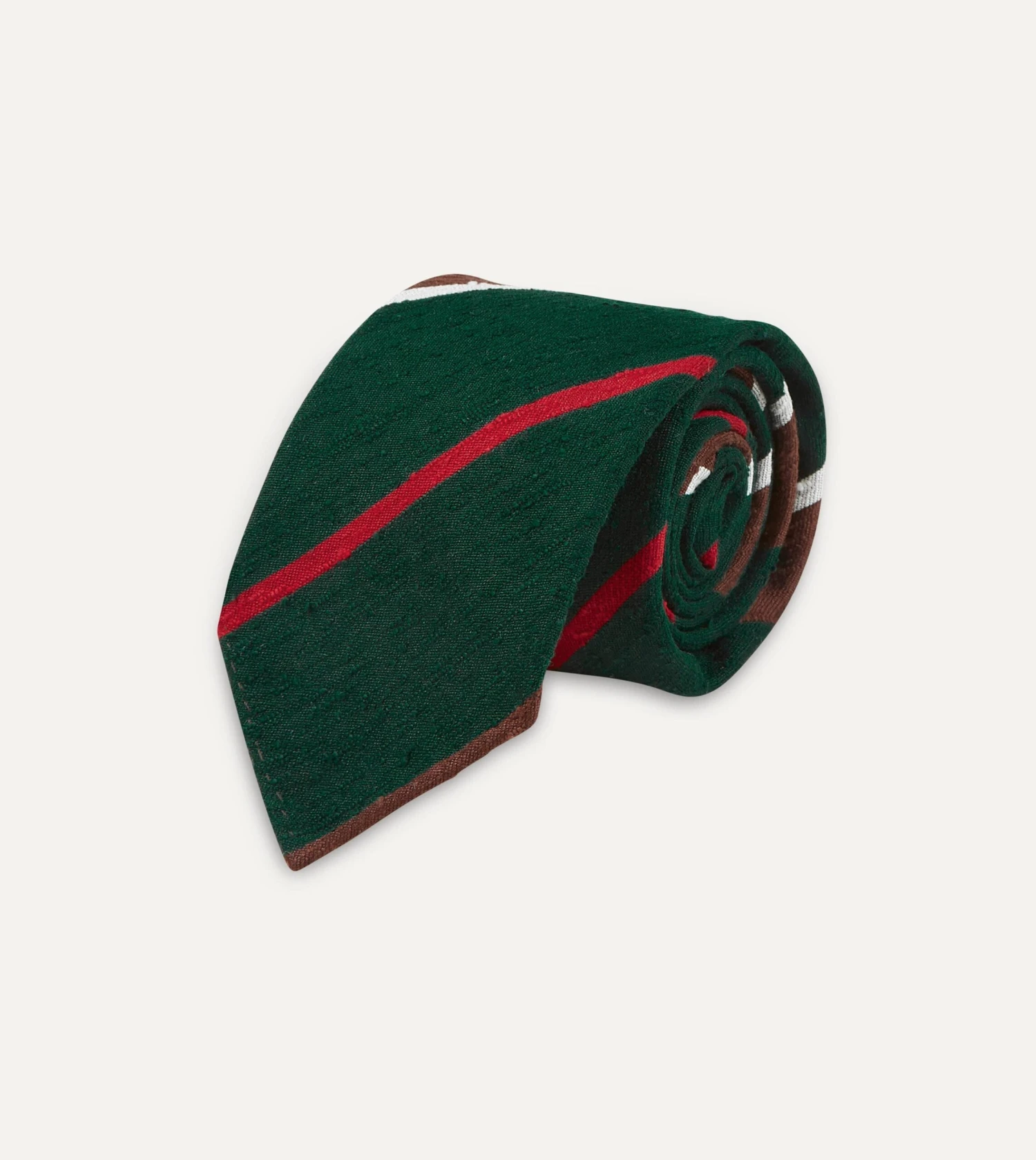 Green, Brown And White Stripe Shantung Silk Tie 6 Green, Brown And White Stripe Shantung Silk Tie - Image 4