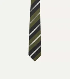 Green, Navy And White Regimental Stripe Mogador Tipped Tie -Drakes Shop DR1AAN23132 02402 3