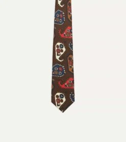 Brown Geometric Paisley Print Twill Silk Tipped Tie -Drakes Shop DR1AAN23162 02301 3