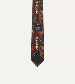 Brown Geometric Paisley Print Twill Silk Tipped Tie -Drakes Shop DR1AAN23162 02301 4