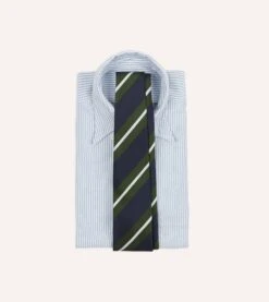 Navy, Green And White Regimental Stripe Mogador Tipped Tie -Drakes Shop DR1AAN23590 03252 1