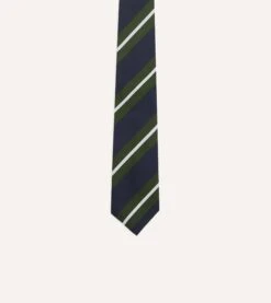 Navy, Green And White Regimental Stripe Mogador Tipped Tie -Drakes Shop DR1AAN23590 03252 3