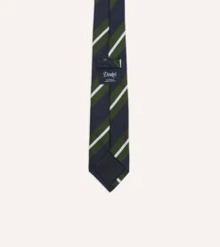Navy, Green And White Regimental Stripe Mogador Tipped Tie -Drakes Shop DR1AAN23590 03252 4