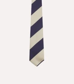 Navy And Ecru Wide Stripe Repp Silk Tipped Tie -Drakes Shop DR1AAN24119 03252 3