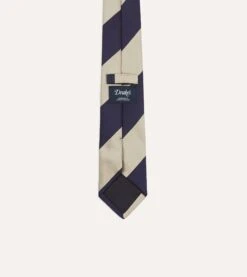 Navy And Ecru Wide Stripe Repp Silk Tipped Tie -Drakes Shop DR1AAN24119 03252 4