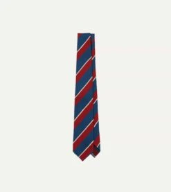 Red, Blue And White Stripe Shantung Silk Tie