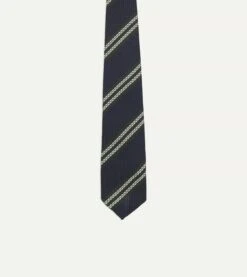 Navy, Green And White Double Stripe Silk Grenadine Tie -Drakes Shop DR1AAR23137 01252 3
