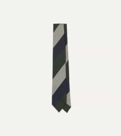 Navy, Green And White Wide Stripe Silk Grenadine Tie