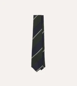 Navy, Green And White Stripe Silk Grenadine Tie