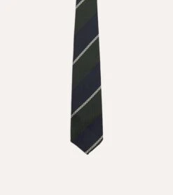 Navy, Green And White Stripe Silk Grenadine Tie 9 Navy, Green And White Stripe Silk Grenadine Tie -Drakes Shop DR1AAR23137 03252 3