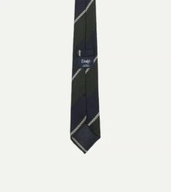 Navy, Green And White Stripe Silk Grenadine Tie 8 Navy, Green And White Stripe Silk Grenadine Tie -Drakes Shop DR1AAR23137 03252 4