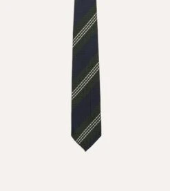 Navy, Green And White Multi Stripe Silk Grenadine Tie -Drakes Shop DR1AAR23137 04402 3