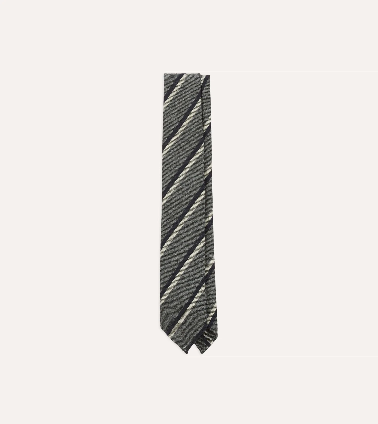 Grey And Navy Sandwich Stripe Hand Rolled Shetland Wool Tie 3 Grey And Navy Sandwich Stripe Hand Rolled Shetland Wool Tie