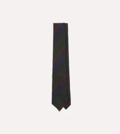 Drakes Shop 23 Olive And Red Block Stripe Hand Rolled Silk Grenadine Tie