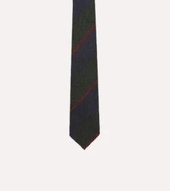 Olive And Red Block Stripe Hand Rolled Silk Grenadine Tie 8 Olive And Red Block Stripe Hand Rolled Silk Grenadine Tie -Drakes Shop DR1AAR23580 01402 3