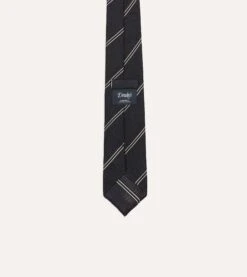 Navy And Silver Sandwich Stripe Hand Rolled Silk Grenadine Tie -Drakes Shop DR1AAR23581 01252 4