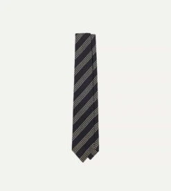 Navy And Silver Stripe Hand Rolled Large Knot Grenadine Tie