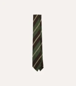Brown And Green Block Stripe Herringbone Hand Rolled Shetland Wool Tie