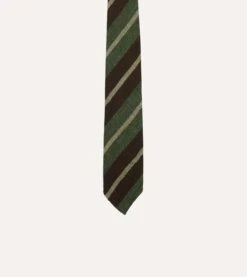 Brown And Green Block Stripe Herringbone Hand Rolled Shetland Wool Tie -Drakes Shop DR1AAR23588 02402 3