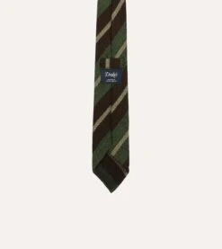 Brown And Green Block Stripe Herringbone Hand Rolled Shetland Wool Tie -Drakes Shop DR1AAR23588 02402 4