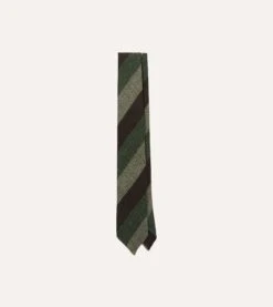 Brown And Green Thick Stripe Herringbone Hand Rolled Shetland Wool Tie