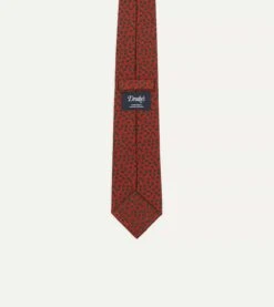 Red Mini Leaves Print Foulard Silk Self Tipped Tie -Drakes Shop DR1AAS18513 05701 4
