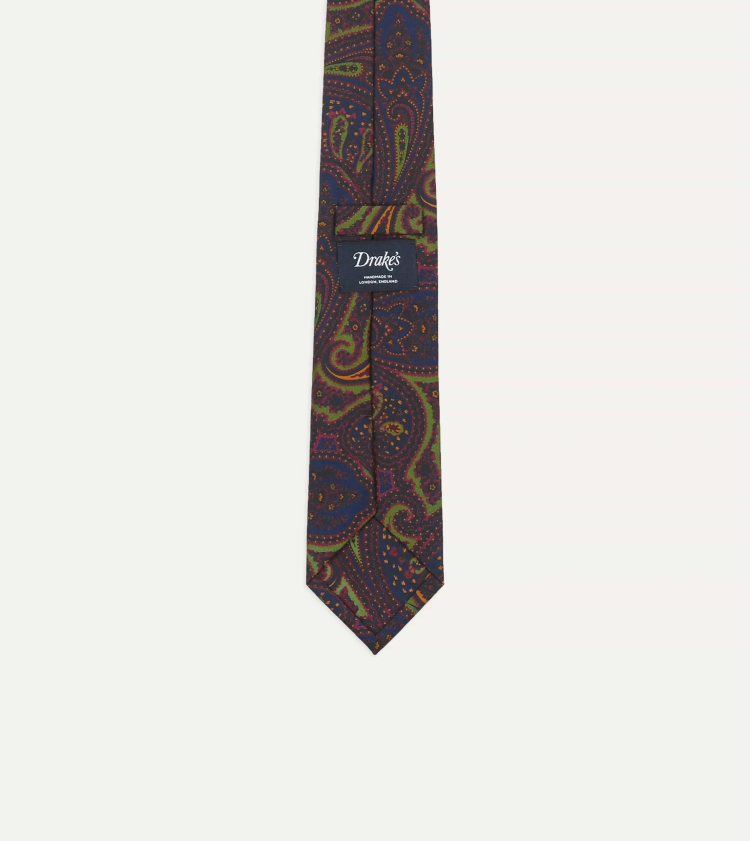 Navy And Green Large Paisley Print Madder Silk Self Tipped Tie 5 Navy And Green Large Paisley Print Madder Silk Self Tipped Tie - Image 3