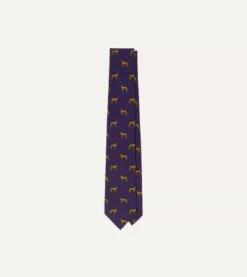 Navy And Yellow Dog Print Silk Tie