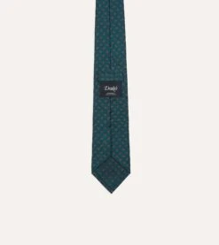 Green Mini Paisley Leaf Print Silk Twill Self Tipped Tie -Drakes Shop DR1AAS23576 03401 4