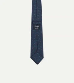 Navy And Green Paisley Leaf Print Silk Tipped Tie -Drakes Shop DR1AAS24097 02 250 4