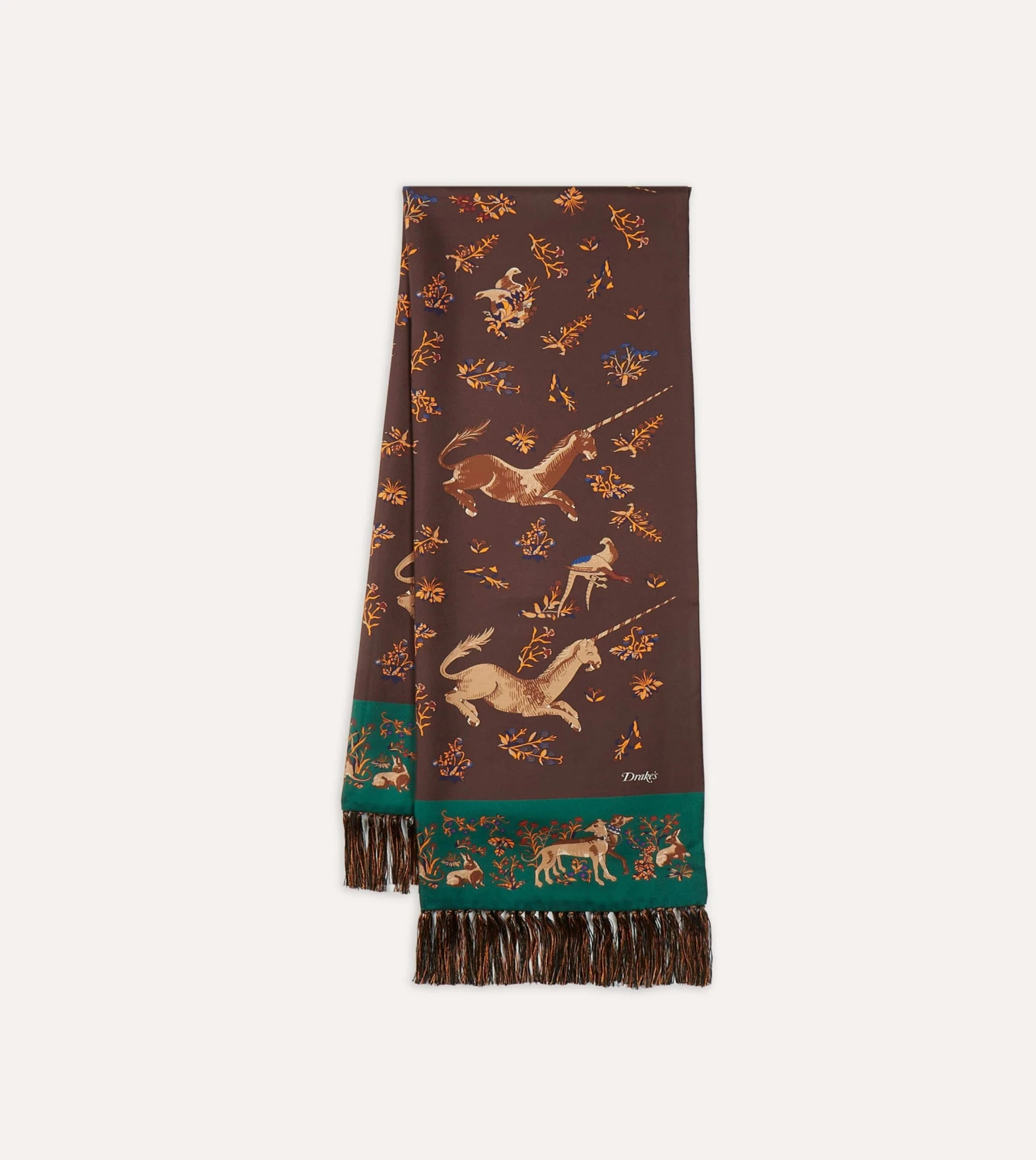 Brown Unicorn Print Tubular Silk Tasselled Scarf 5 Brown Unicorn Print Tubular Silk Tasselled Scarf - Image 3
