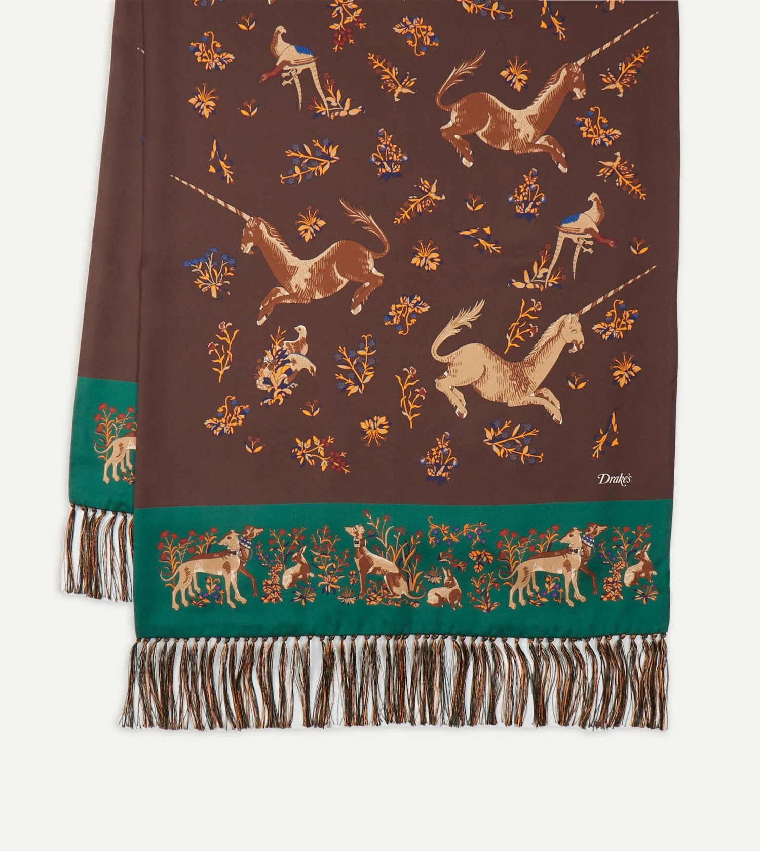 Brown Unicorn Print Tubular Silk Tasselled Scarf 6 Brown Unicorn Print Tubular Silk Tasselled Scarf - Image 4
