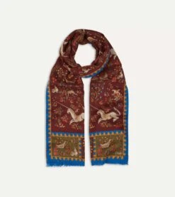 Burgundy Unicorn Print Wool-Silk Scarf