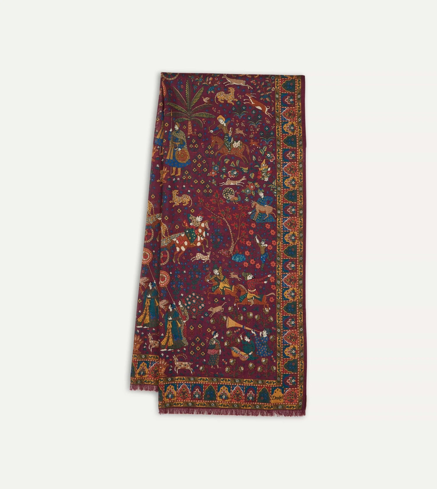 Magenta Mughal Hunter Print Wool-Silk Scarf 5 Magenta Mughal Hunter Print Wool-Silk Scarf - Image 3