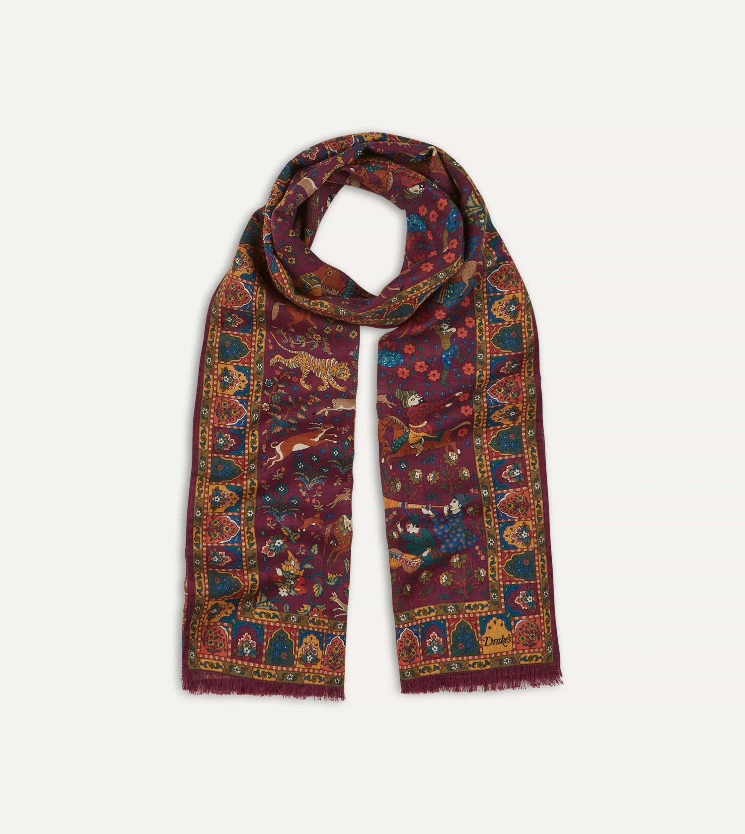 Magenta Mughal Hunter Print Wool-Silk Scarf 3 Magenta Mughal Hunter Print Wool-Silk Scarf