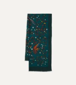 Green Birds Of Paradise Print Wool Scarf 8 Green Birds Of Paradise Print Wool Scarf -Drakes Shop DR1AB122219 02401 1