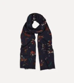 Navy Mughal And Stars Print Wool Scarf
