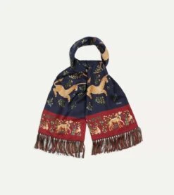 Navy Unicorn Print Tubular Silk Tasselled Scarf