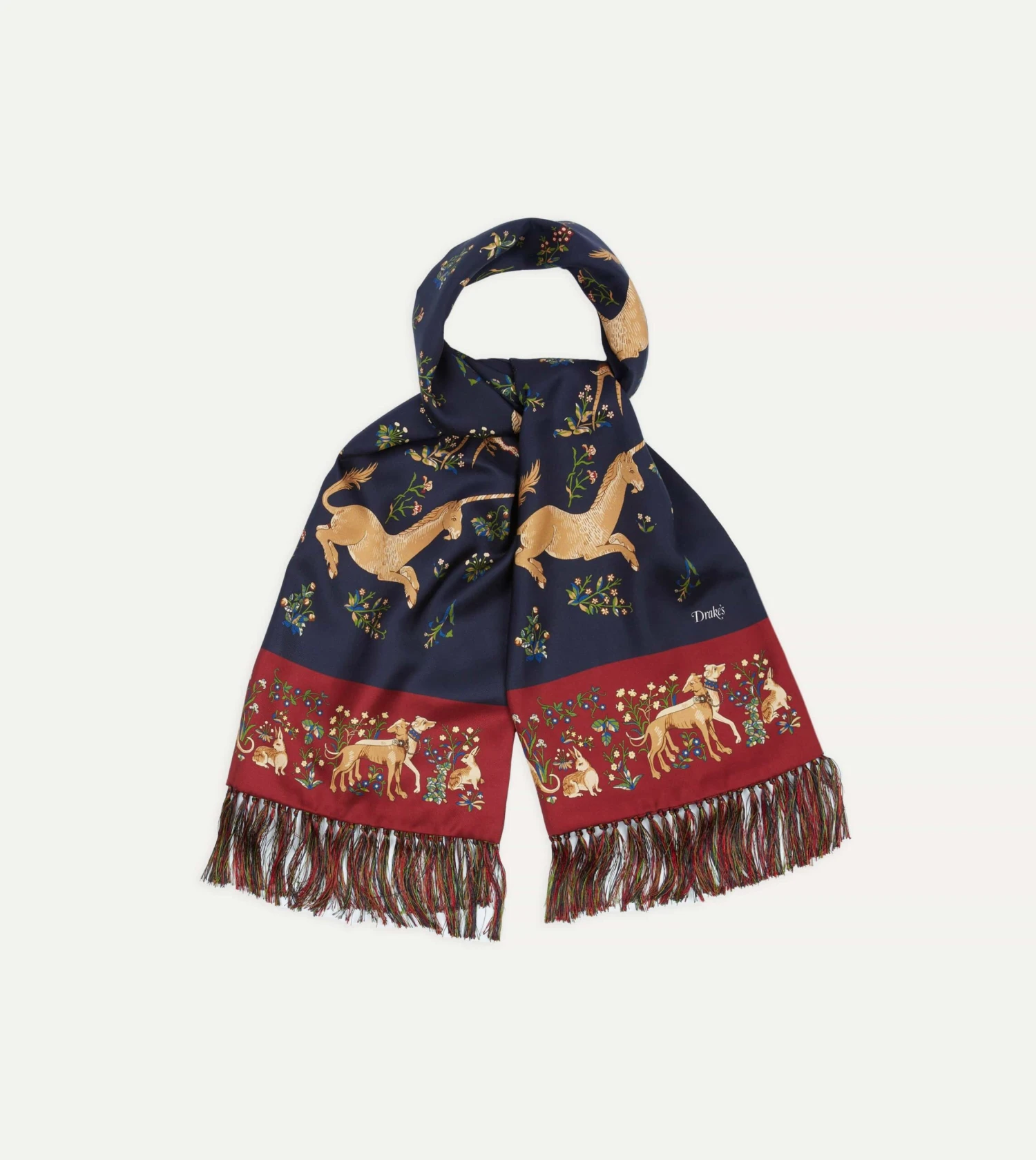 Navy Unicorn Print Tubular Silk Tasselled Scarf 3 Navy Unicorn Print Tubular Silk Tasselled Scarf