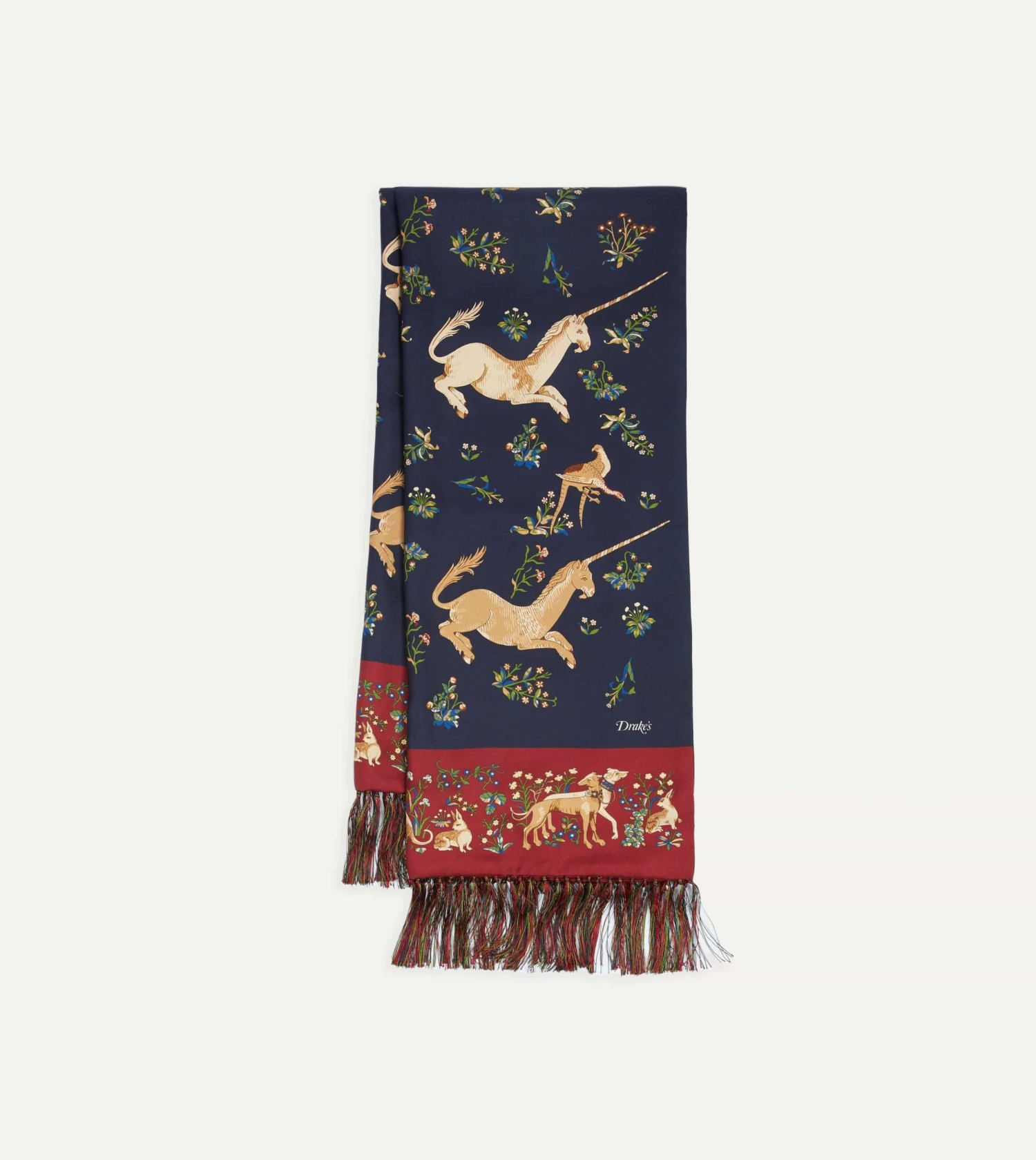 Navy Unicorn Print Tubular Silk Tasselled Scarf 5 Navy Unicorn Print Tubular Silk Tasselled Scarf - Image 3
